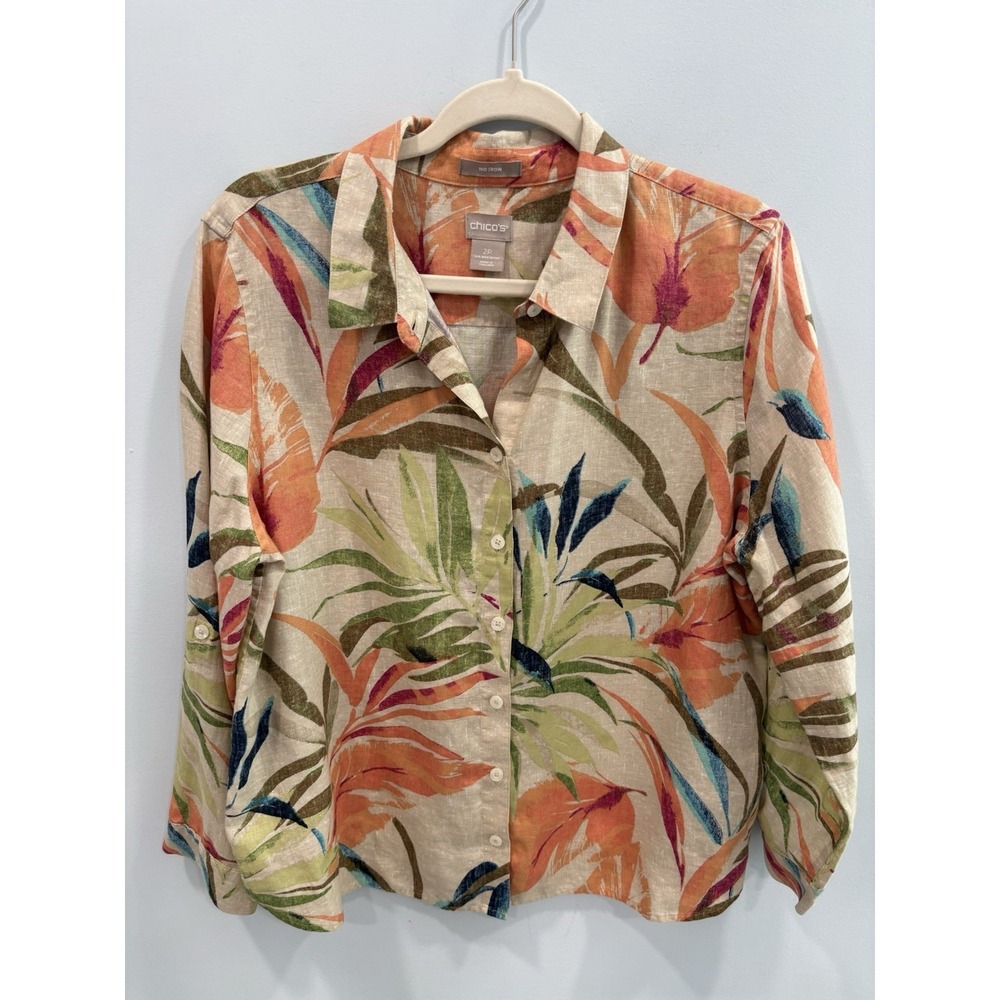 Chico's Tropical Floral Button-Up Blouse in Beige, Orange, Green, Blue